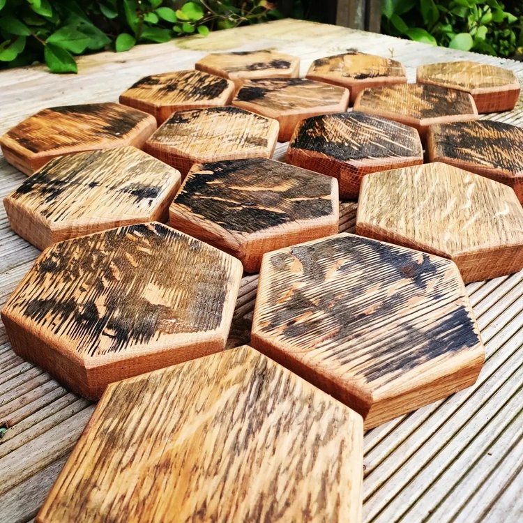 Giants Causeway Oak Coasters – Handcrafted from Authentic Whiskey Barrel Lids