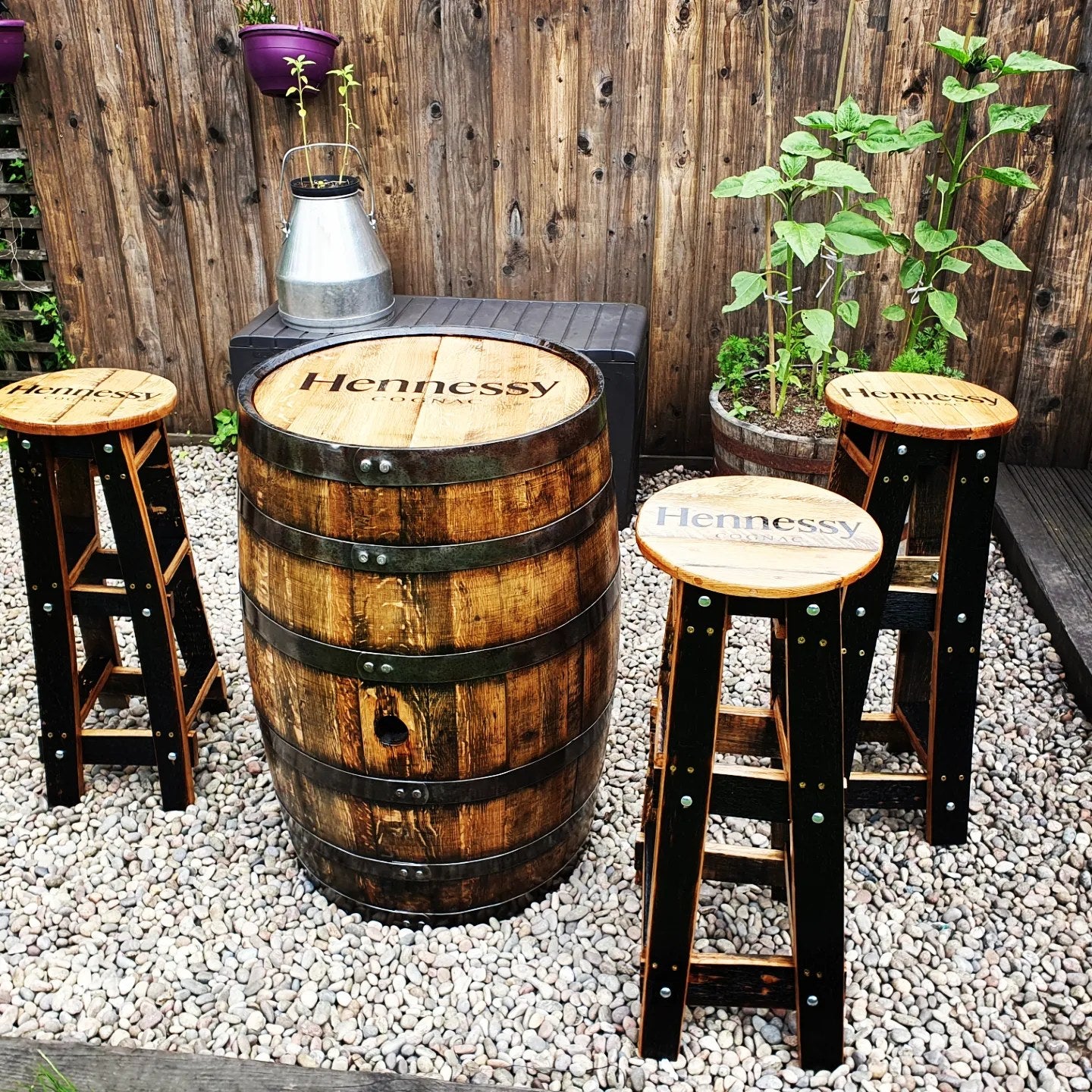 The Whiskey Barrel Bar Set – Oak Barrel Table with 3 High Stools