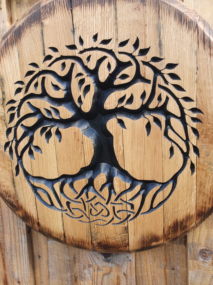 Custom carved Irish Whiskey Barrel Lid – Various designs