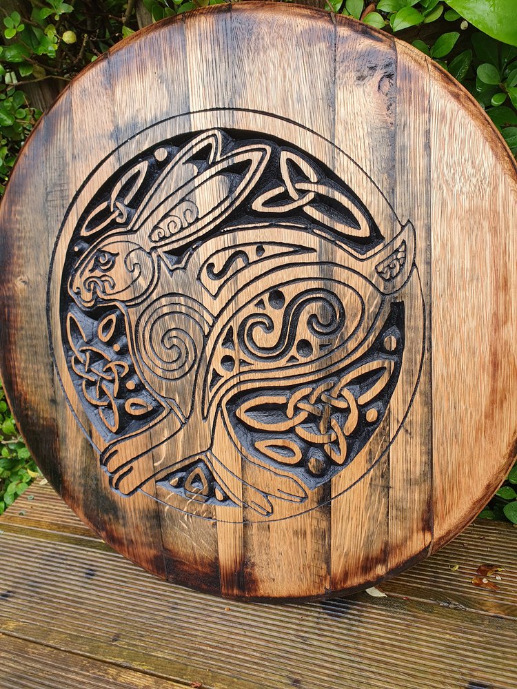 Custom carved Irish Whiskey Barrel Lid – Various designs