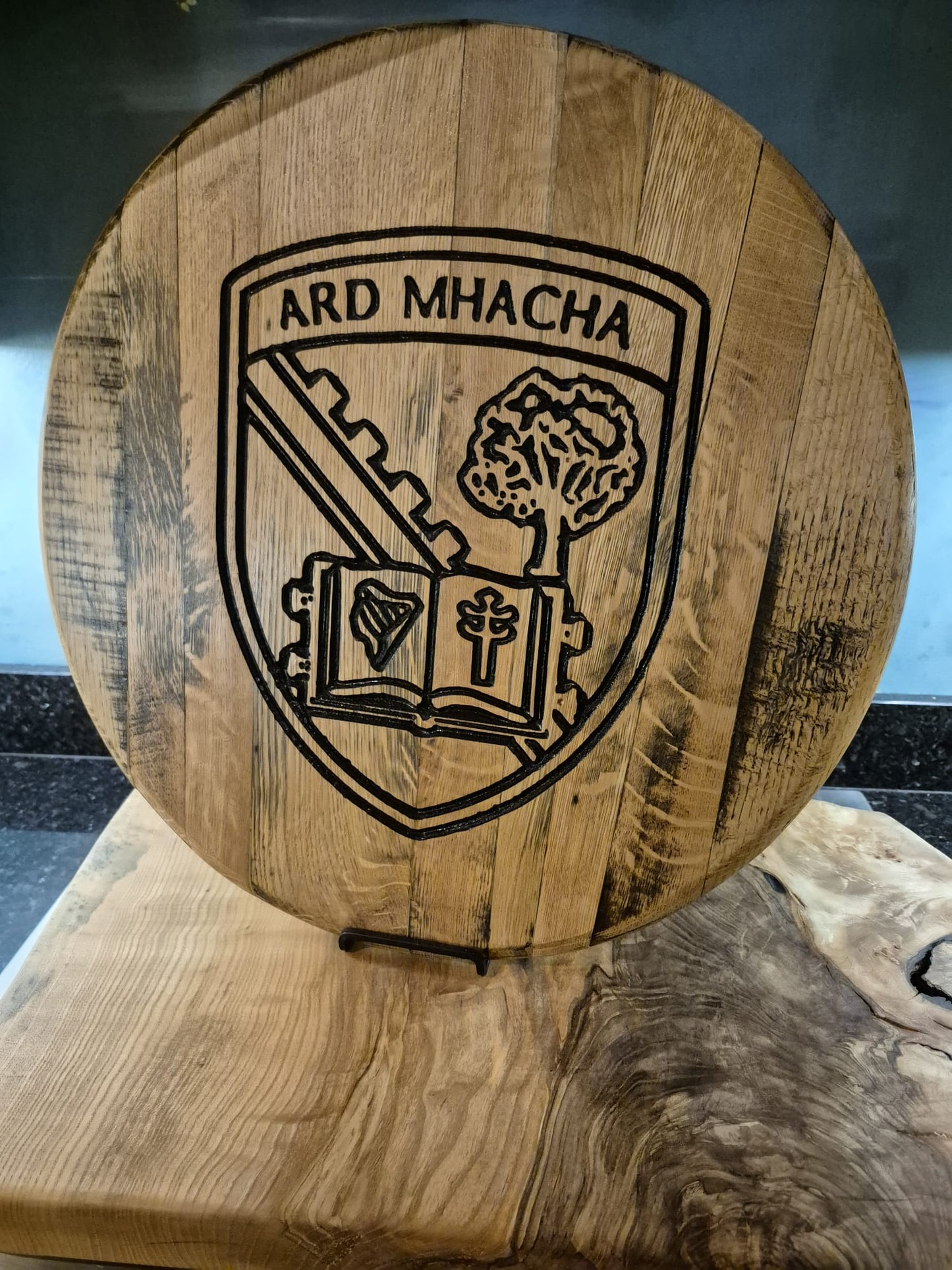 Custom carved Irish Whiskey Barrel Lid – Various designs